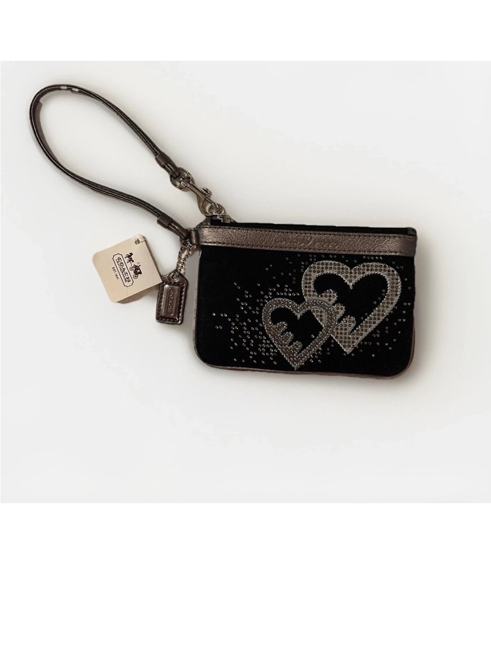 Coach Poppy Black Wristlet with Metallic Silver, Rhinestone Heart Accents, NWT